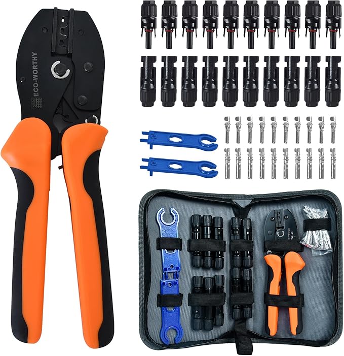 Crimping tool set with various connectors and tools on a white background